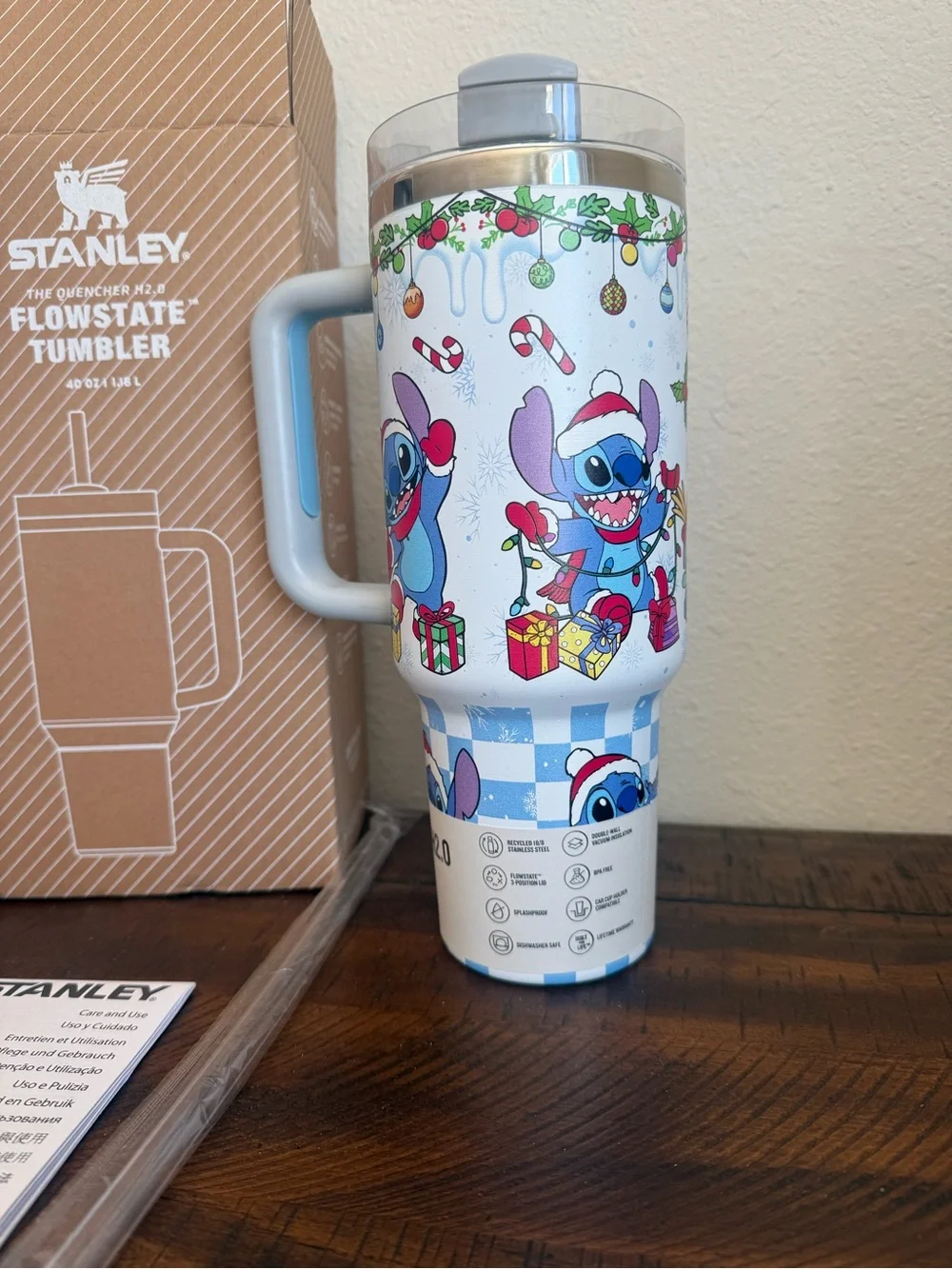 Stanley Holiday Stitch Blue White Travel Tumbler with Handle - Picture 3 of 5